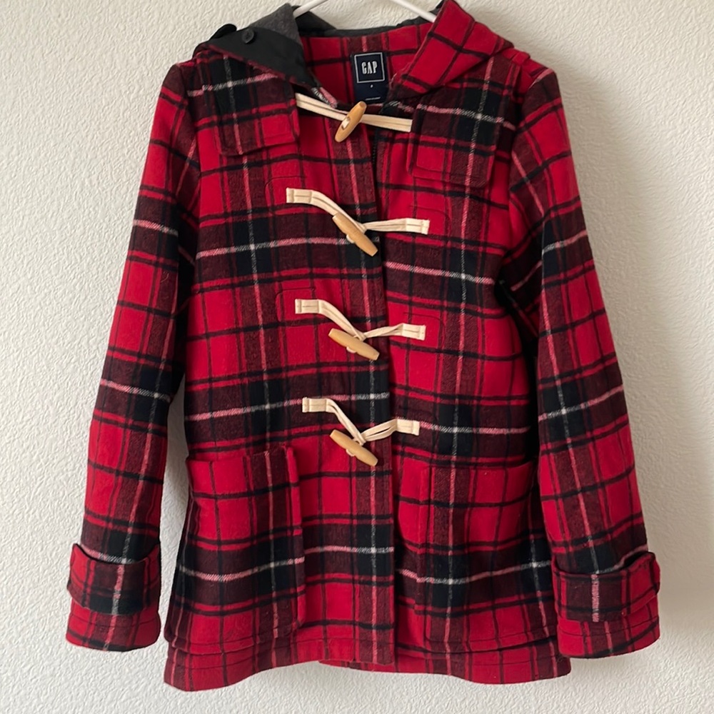 GAP Red & Black Plaid Toggle Hooded Coat